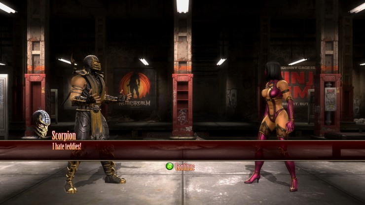 See? He hates them. Personally, I'd just take the damn bear so she'd leave me alone. The teddy bear is actually modelled and Mileena is holding it during the fight, but since I am awful at screenshots you can't quite see it here.